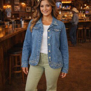 Alfred Dunner Womens Denim Jacket 10 Blue Rhinestone Embroidered